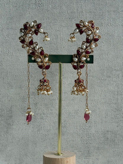 Ayura Designs Mastani Earrings – Gold Ear Climbers with Ruby Stones, Pearls & Jhumki Drops