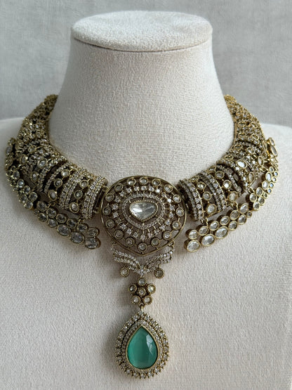 Ayura Designs Ahana Necklace Set with Earrings – Mint Green Teardrop Stones & Moissanite Detailing