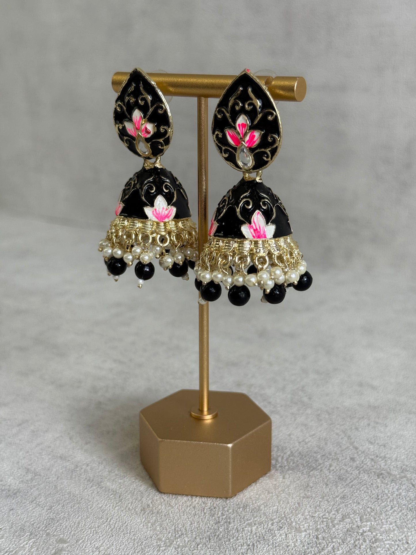Ayura Designs Gia Jhumkis – Midnight Black Meenakari with Pink Lotus Motifs & Ivory Pearl Drops