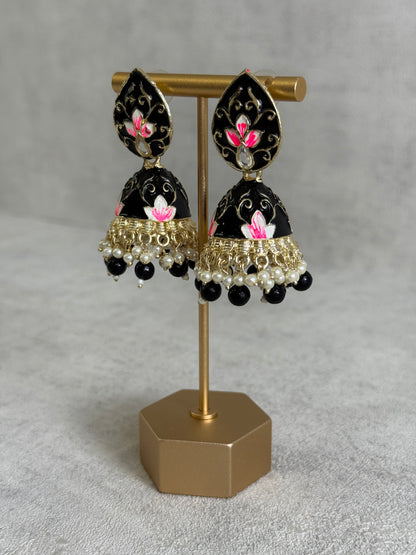 Ayura Designs Gia Jhumkis – Midnight Black Meenakari with Pink Lotus Motifs & Ivory Pearl Drops