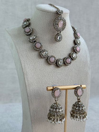 Ayura Designs Eira Necklace Set with Earrings & Tikka – Blush Pink & Crystal Stones with Antique Gold Finish