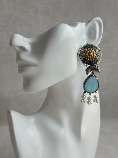 Ayura Designs Nazm Earrings – Dual Tone Oxidised Statement Earrings with Aqua Blue Stones & Pearl Clusters