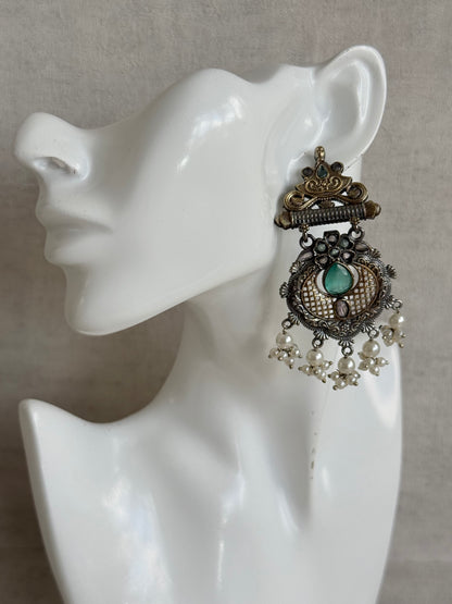 Ayura Designs Haya Earrings – Oxidised Statement Earrings with Aqua & Blush Stone Detailing