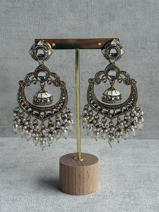 Ayura Designs Reha Earrings – Statement Chandbalis with Ivory Pearls & Mirror-Cut Stones