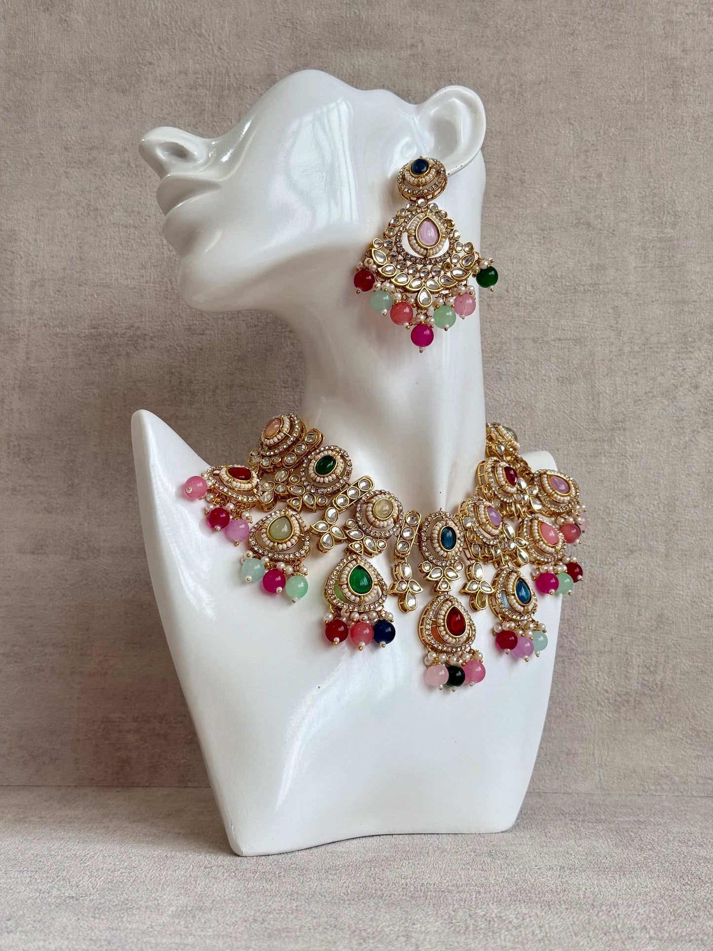 Ayura Designs Janvi Set with Necklace, Earrings & Tikka – Kundan Detailing, Multicolour Beads & Pearl Drops