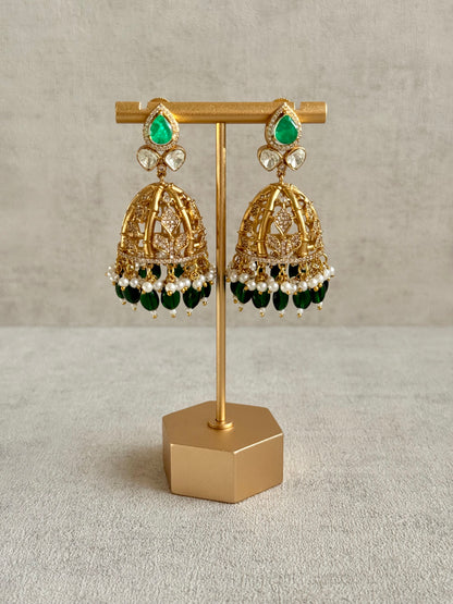 Ayura Designs Rami Collar Set with Jhumkis – Sculpted Gold Collar with Emerald Green Stone and Crystal Detailing