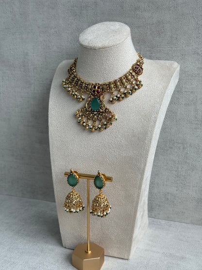 Ayura Designs Urvashi Set – Antique Gold Necklace & Jhumkis with Mint Green Stone, Ruby & Pearl Detailing