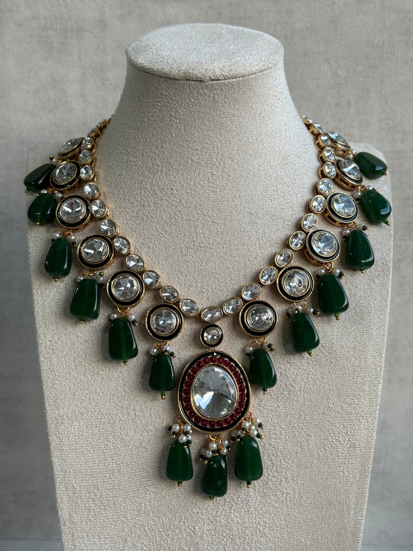 Ayura Designs Emaanat Set with Necklace & Earrings – Ruby & Emerald Accents, Polki Kundan & Antique Gold Finish