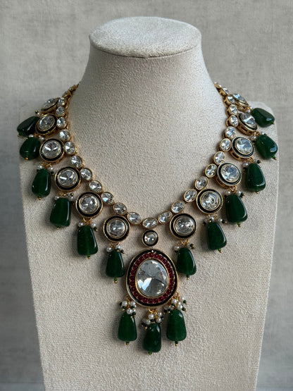 Ayura Designs Emaanat Set with Necklace & Earrings – Ruby & Emerald Accents, Polki Kundan & Antique Gold Finish