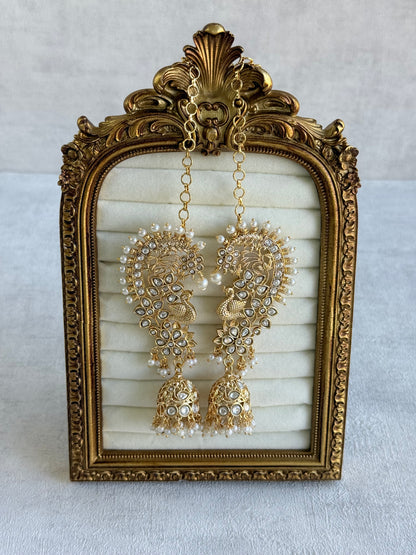 Ayura Designs Nitya Kaanphool Jhumkis – Gold Half Ear Cuff Earrings, Peacock Motifs, Kundan, Ivory Pearl Drops & Sahare