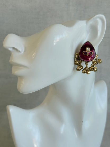 Ayura Designs Aykai Earrings – Ruby Pink Teardrop Stud Earrings with Clear Kundan Stones and Gold Ghungroo Drops