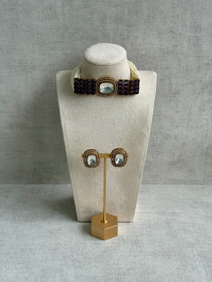 Ayura Designs Emma Choker Set – Deep Violet Gemstone Choker & Studs with Mirror-Cut Centrepiece, Pearl Strands & Crystal Borders