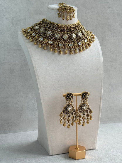 Ayura Designs Ehsaas Bridal Set with Earrings & Tikka – Kundan Stones, Pearls in Antique Gold Finish