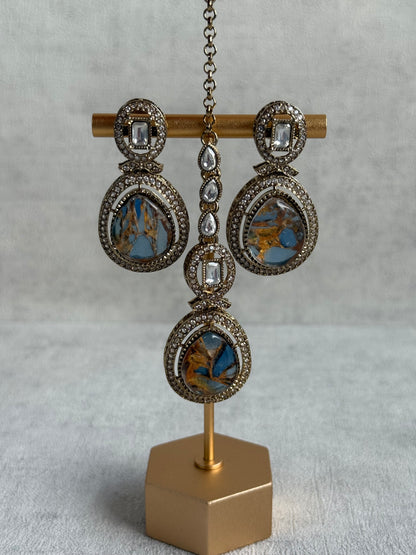Ayura Designs Aurora Set with Earrings & Tikka – Blue & Bronze Marbled Stone, Mirror-Cut Accents & Antique Gold Finish