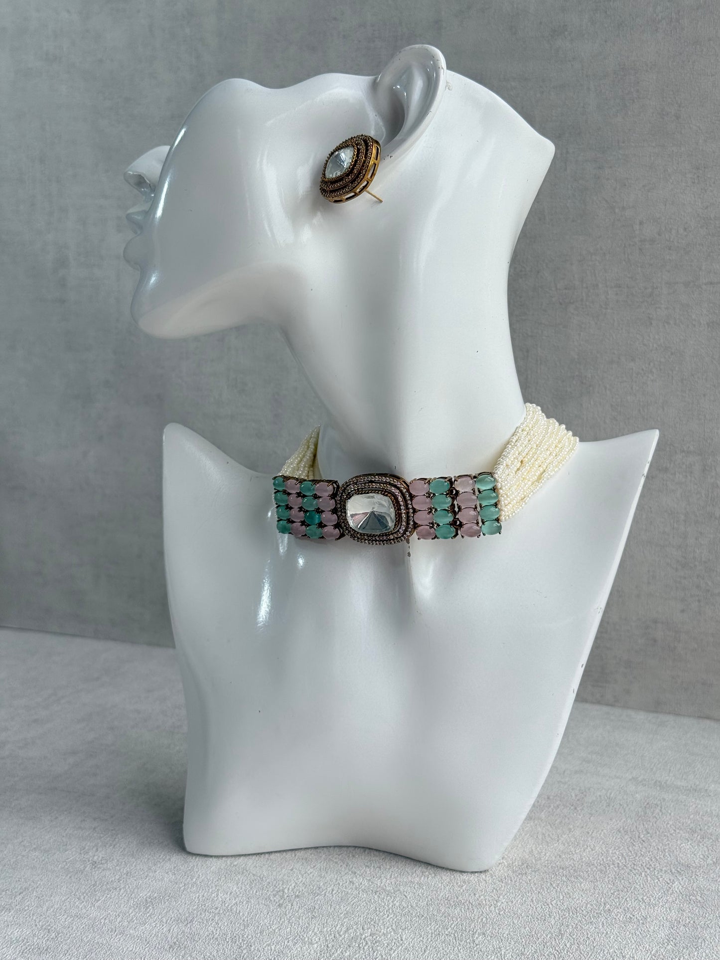 Ayura Designs Emma Choker Set – Mint Green & Blush Pink Gemstone Choker & Studs with Mirror-Cut Centrepiece, Pearl Strands & Crystal Borders