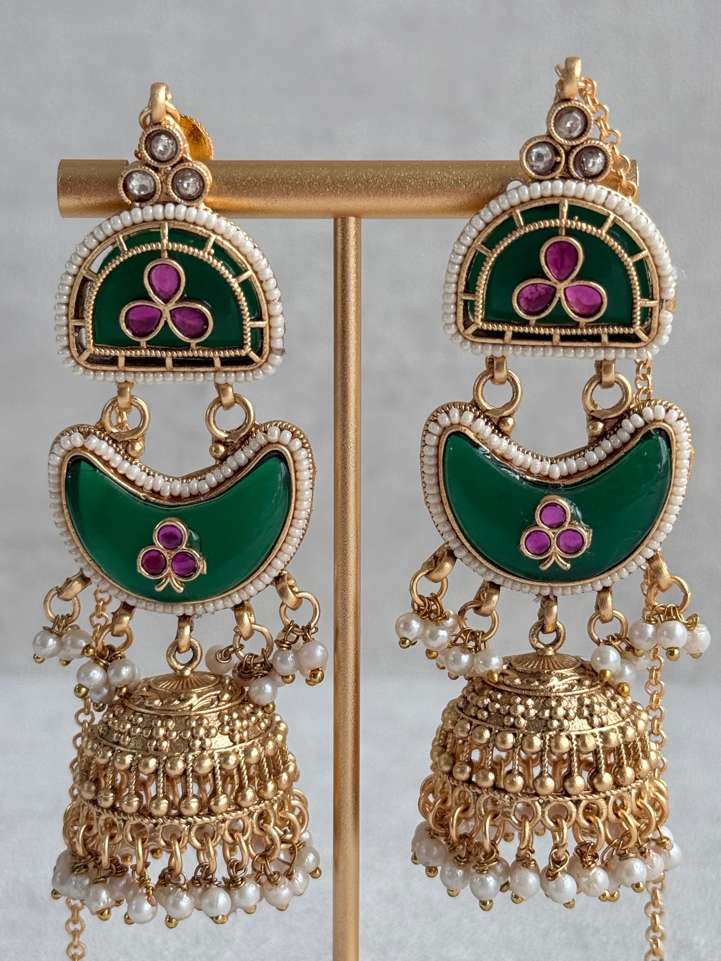 Ayura Designs Tafiza Necklace Set with Sahare Jhumki Earrings & Tikka – Emerald Green, Rani Pink, Kundan, Pearls & Antique Gold Finish