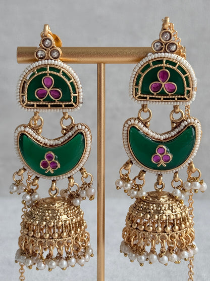 Ayura Designs Tafiza Necklace Set with Sahare Jhumki Earrings & Tikka – Emerald Green, Rani Pink, Kundan, Pearls & Antique Gold Finish