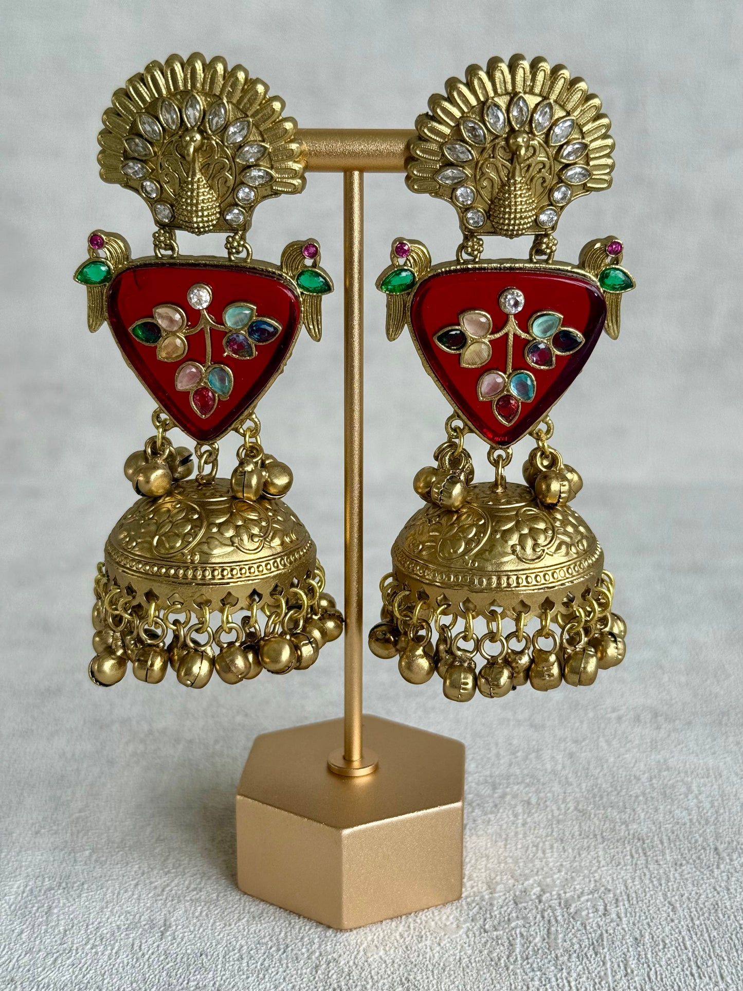 Ayura Designs Makali Earrings – Crimson Red Enamel with Multicolour Stones & Antique Gold Jhumkis