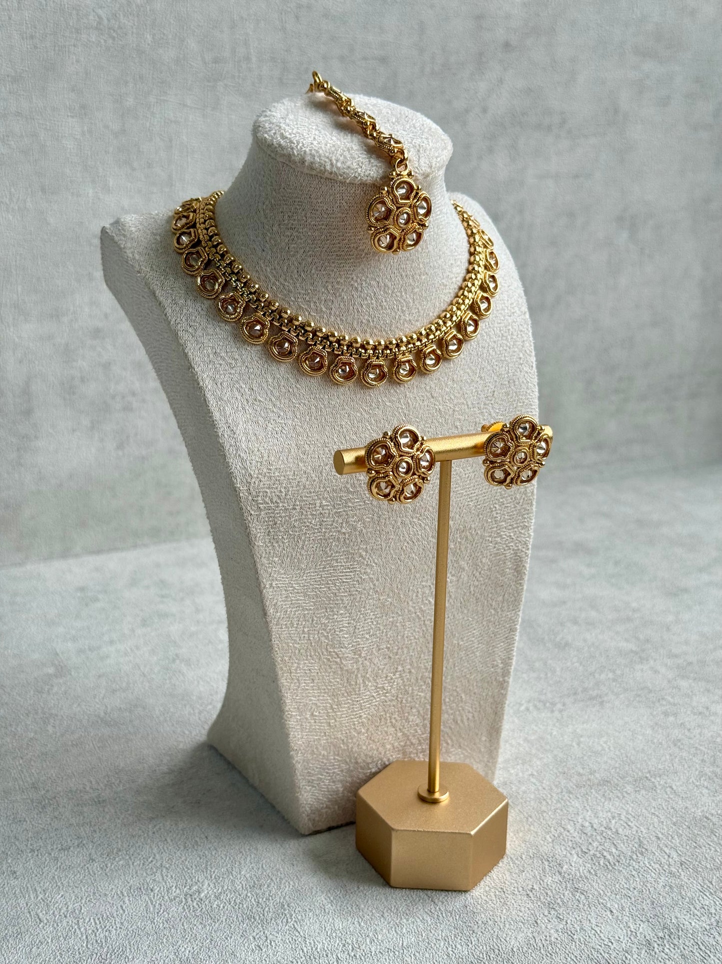 Ayura Designs Amala Set with Necklace, Studs & Tikka – Mirror-Cut Stones in Antique Gold Finish