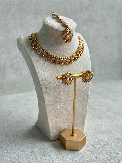 Ayura Designs Amala Set with Necklace, Studs & Tikka – Mirror-Cut Stones in Antique Gold Finish