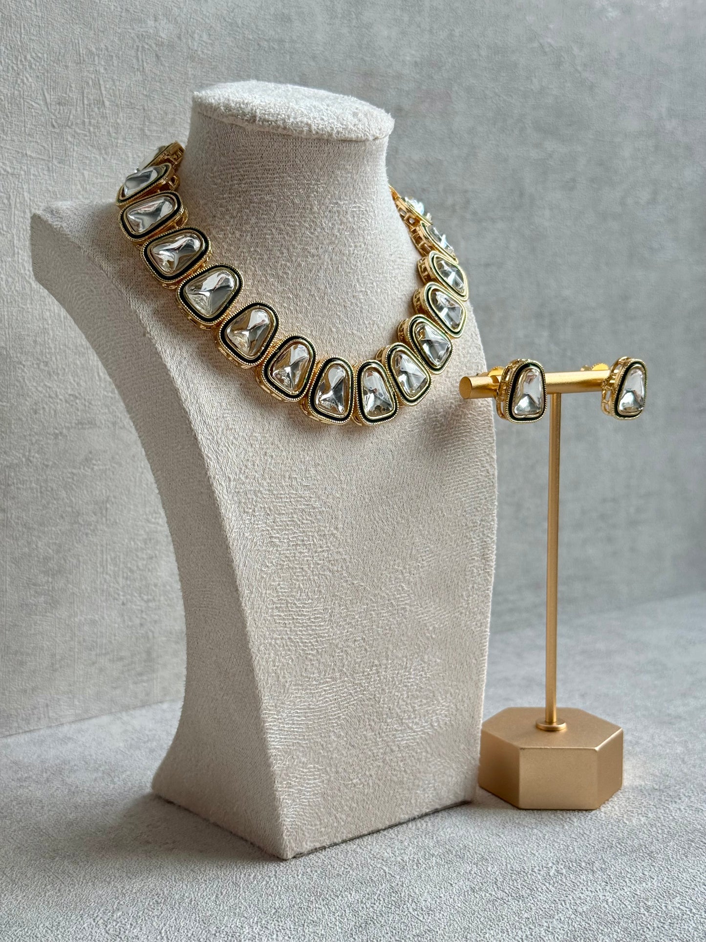 Ayura Designs Luna Set with Stud Earrings – Kundan-Style Mirror-Cut Stones & Antique Gold Finish