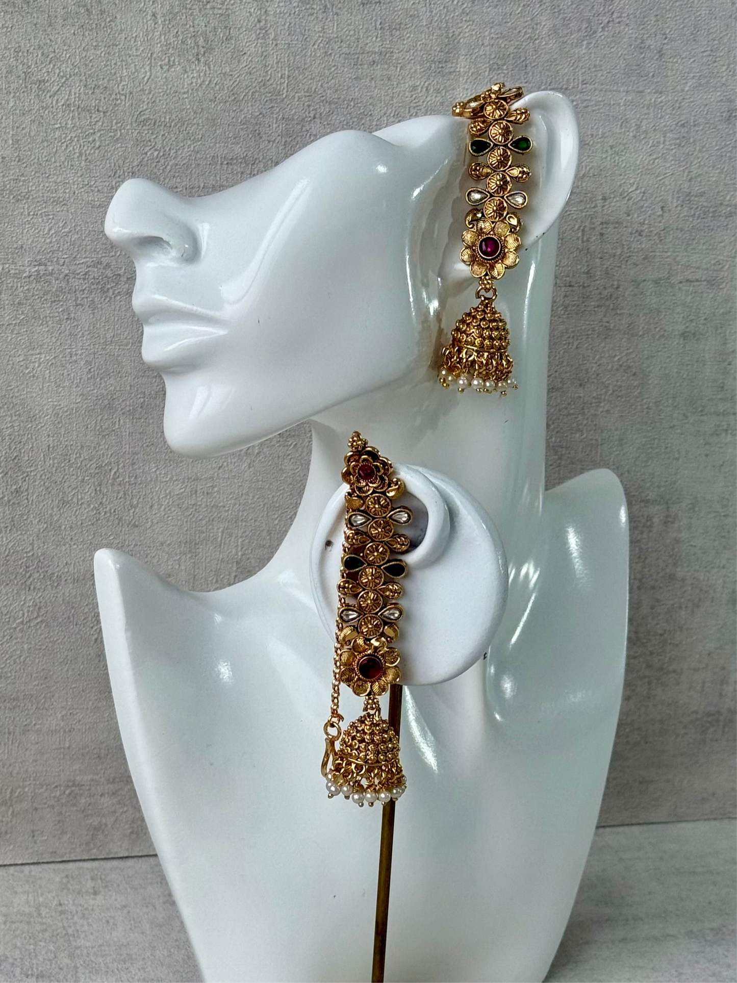 Ayura Designs Keerti Jhumkis – Antique Gold Kannauti Earrings with Ruby Pink & Emerald Green Stones, Mirror-Cut Detailing & Pearl Drops