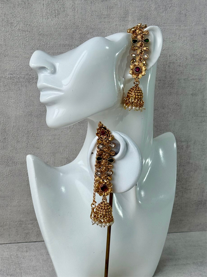 Ayura Designs Keerti Jhumkis – Antique Gold Kannauti Earrings with Ruby Pink & Emerald Green Stones, Mirror-Cut Detailing & Pearl Drops