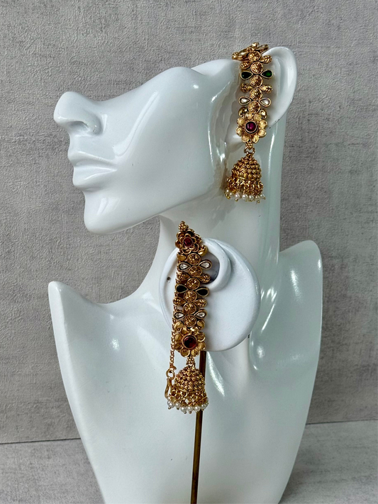 Ayura Designs Keerti Jhumkis – Antique Gold Kannauti Earrings with Ruby Pink & Emerald Green Stones, Mirror-Cut Detailing & Pearl Drops