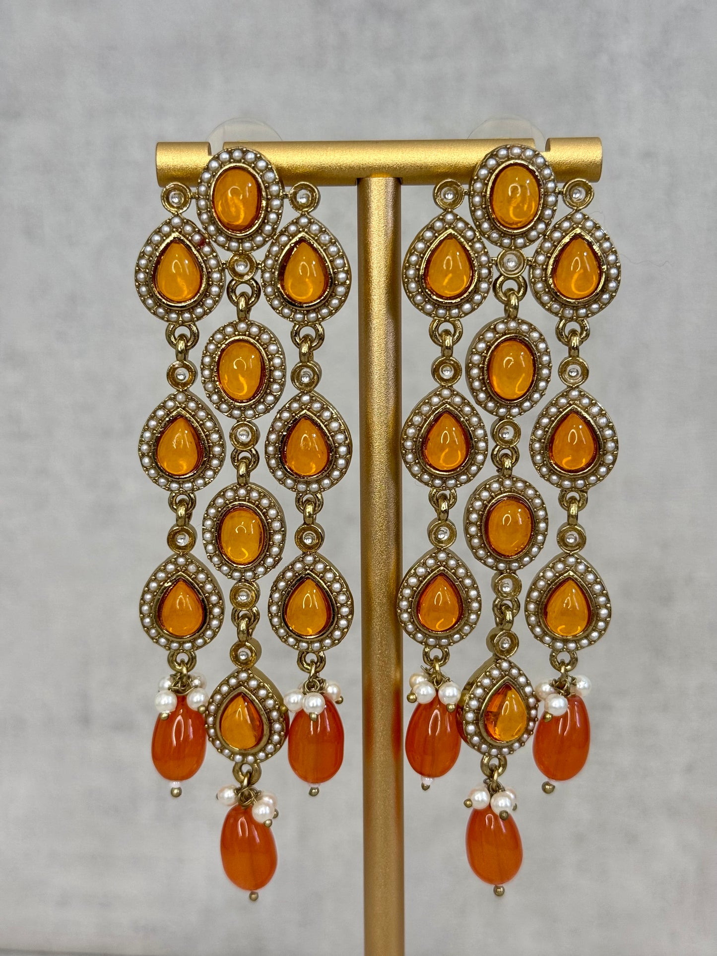 Ayura Designs Mia Earrings – Handcrafted Gold-Toned Cascading Earrings with Green Gemstones, Pearl Accents & Elegant Drop Detailing