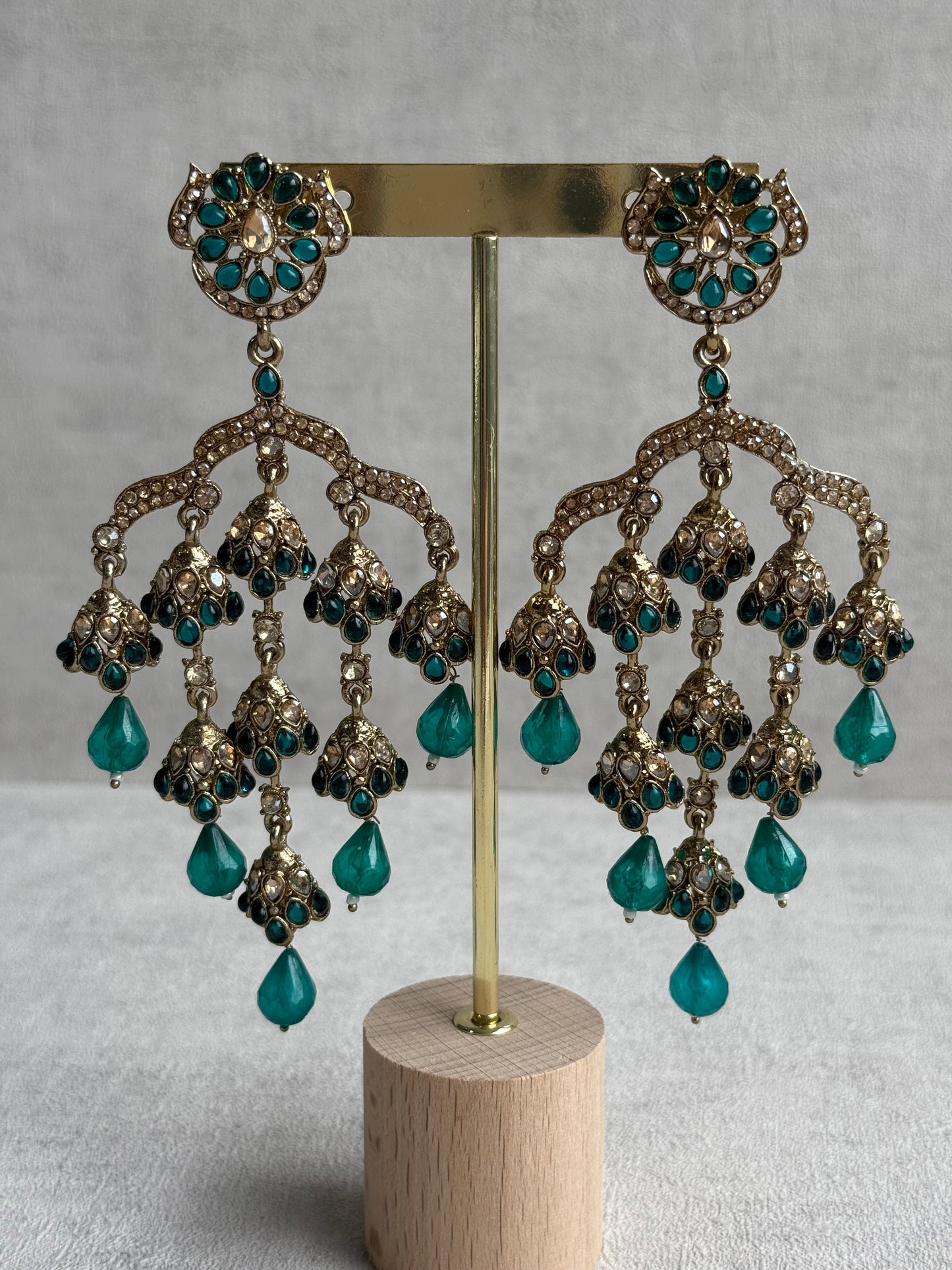 Ayura Designs Jasmine Earrings – Chandelier Earrings with Teal Green Beads & Antique Gold Detailing