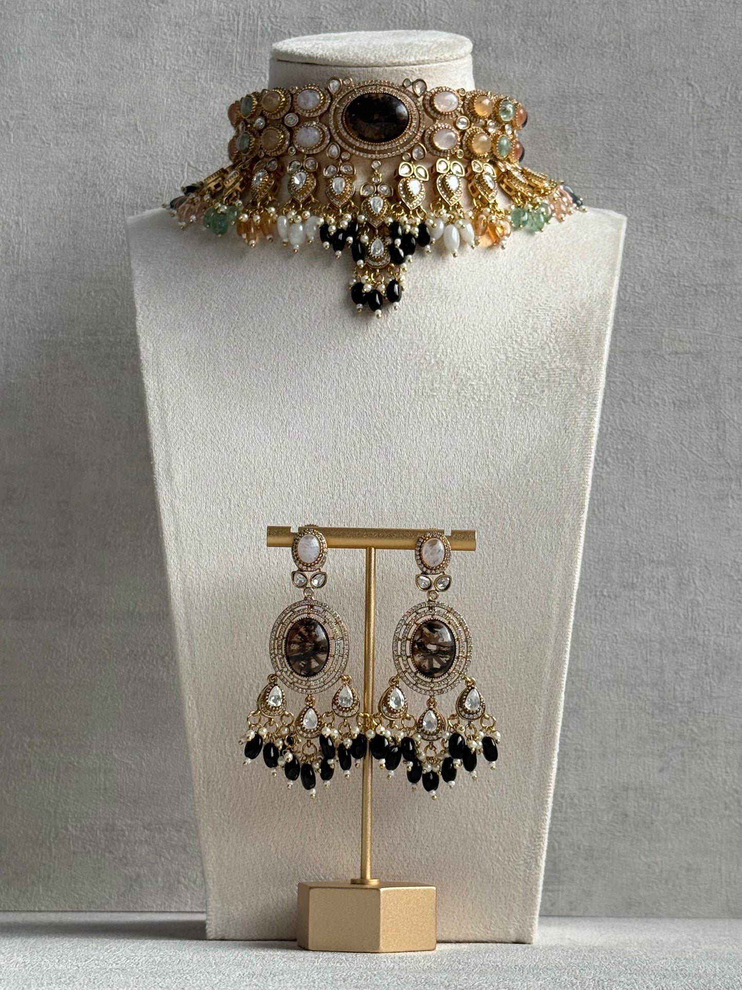 Ayura Designs Poppy Choker Set with Statement Earrings – Smoky Stone Centre with Pastel Beads, Pearls and Black Drops