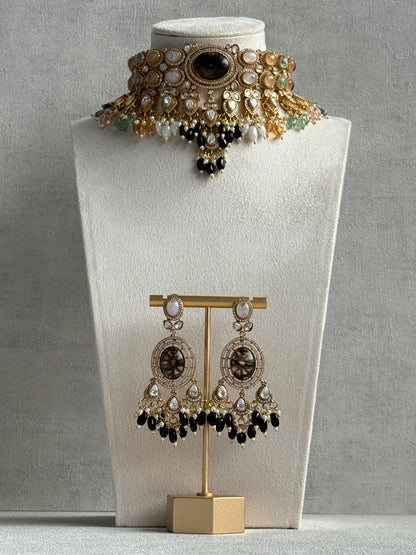 Ayura Designs Poppy Choker Set with Statement Earrings – Smoky Stone Centre with Pastel Beads, Pearls and Black Drops