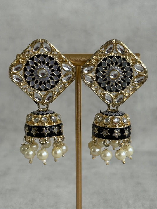 Ayura Designs Rangoli Jhumkis – Silver, Black & Ivory Meenakari with Pearl Drops in Antique Gold Finish