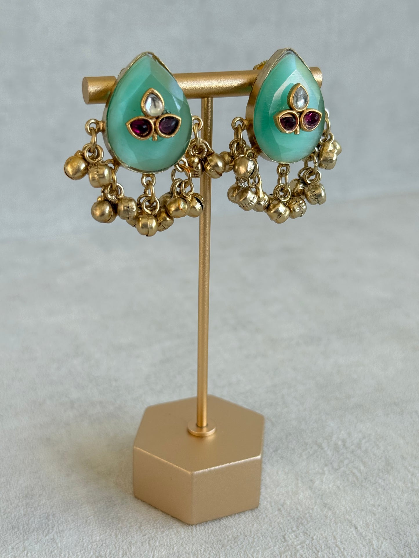 Ayura Designs Aykai Earrings – Mint Green Teardrop Stud Earrings with Clear & Pink Kundan Stones and Gold Ghungroo Drops