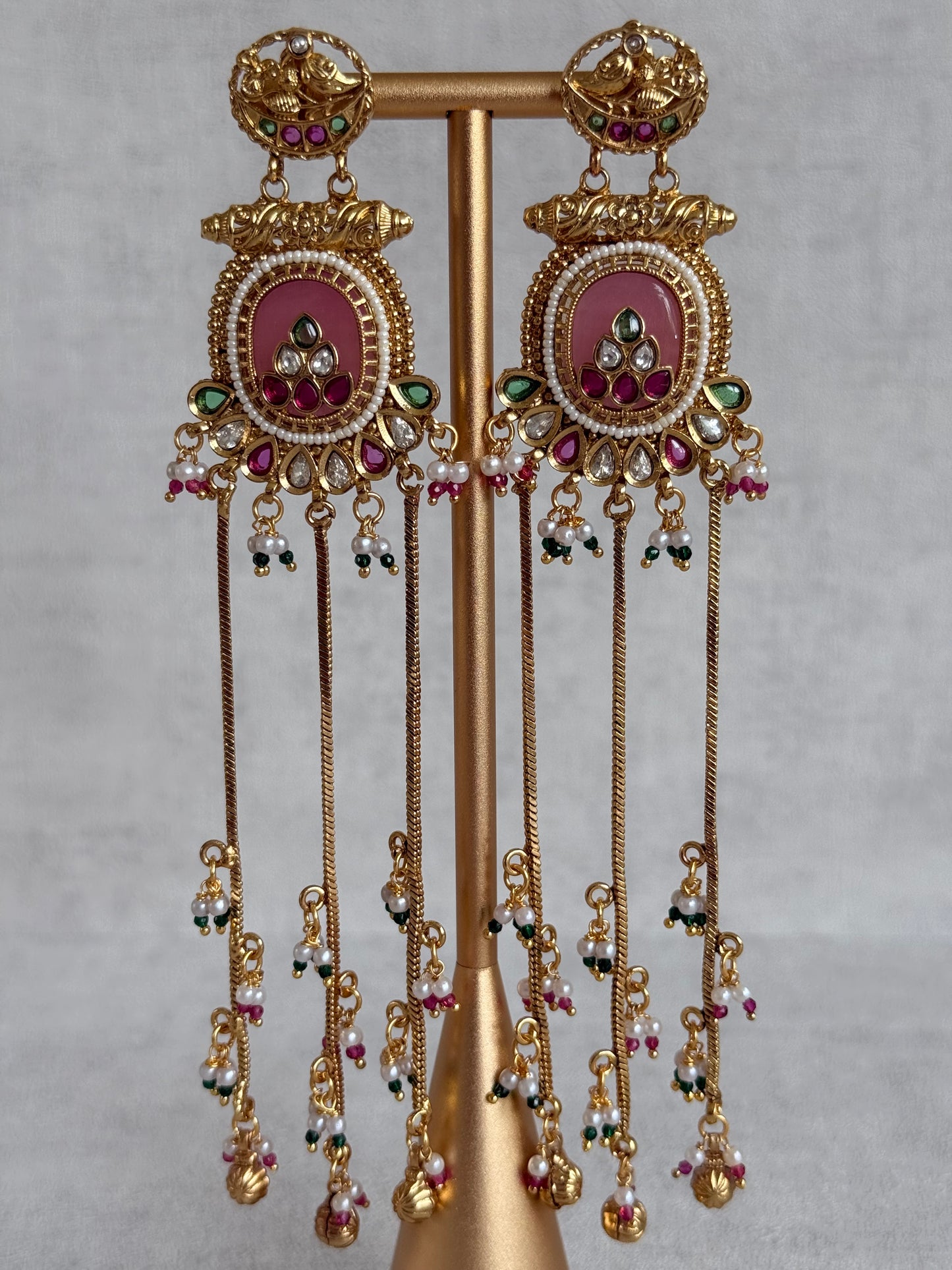 Ayura Designs Kaveri Earrings – Gold Long Chain Drop Earrings with Kundan, Pearls & Ghungroo Detailing – Rose Pink