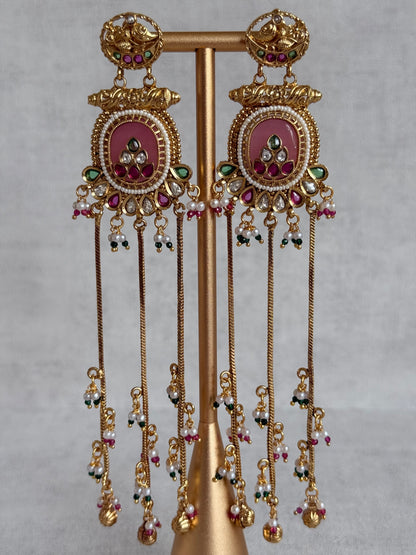 Ayura Designs Kaveri Earrings – Gold Long Chain Drop Earrings with Kundan, Pearls & Ghungroo Detailing – Rose Pink