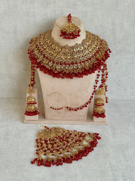 Ayura Designs Ishqiya Bridal Set with Necklace, Jhumkis with Sahare, Tikka & Jhoomer – Antique Gold, Champagne Stones & Red Bead Detailing