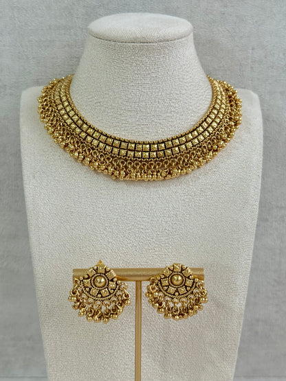 Ayura Designs Ranya Set – Antique Gold Necklace with Stud Earrings & Ghungroo Detailing