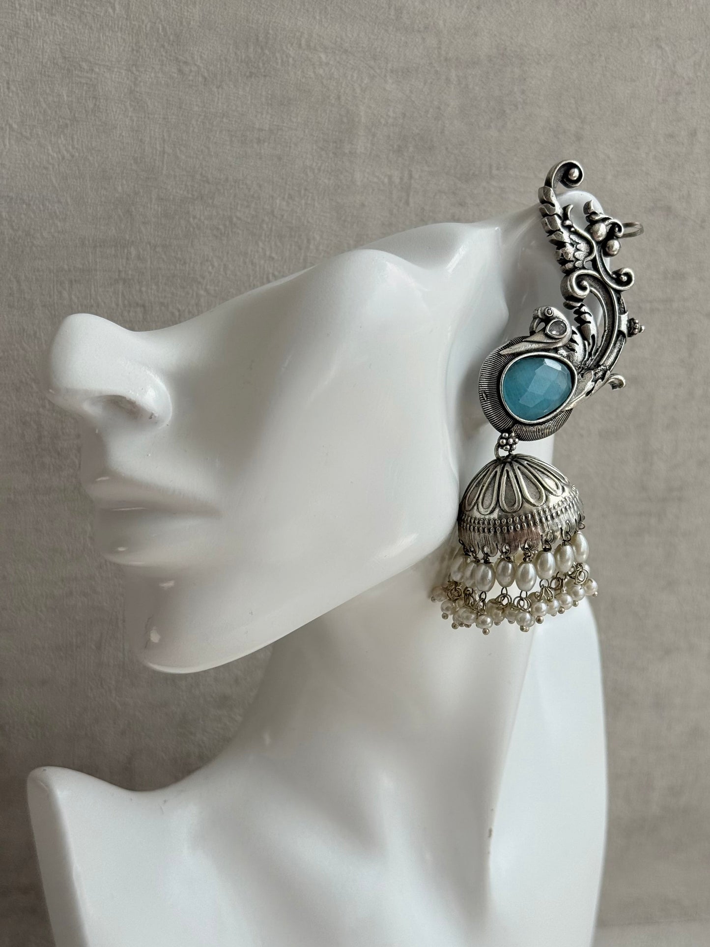 Ayura Designs Manzil Earrings – Oxidised Silver Ear Cuff Jhumkis with Aqua Stones & Pearl Detailing