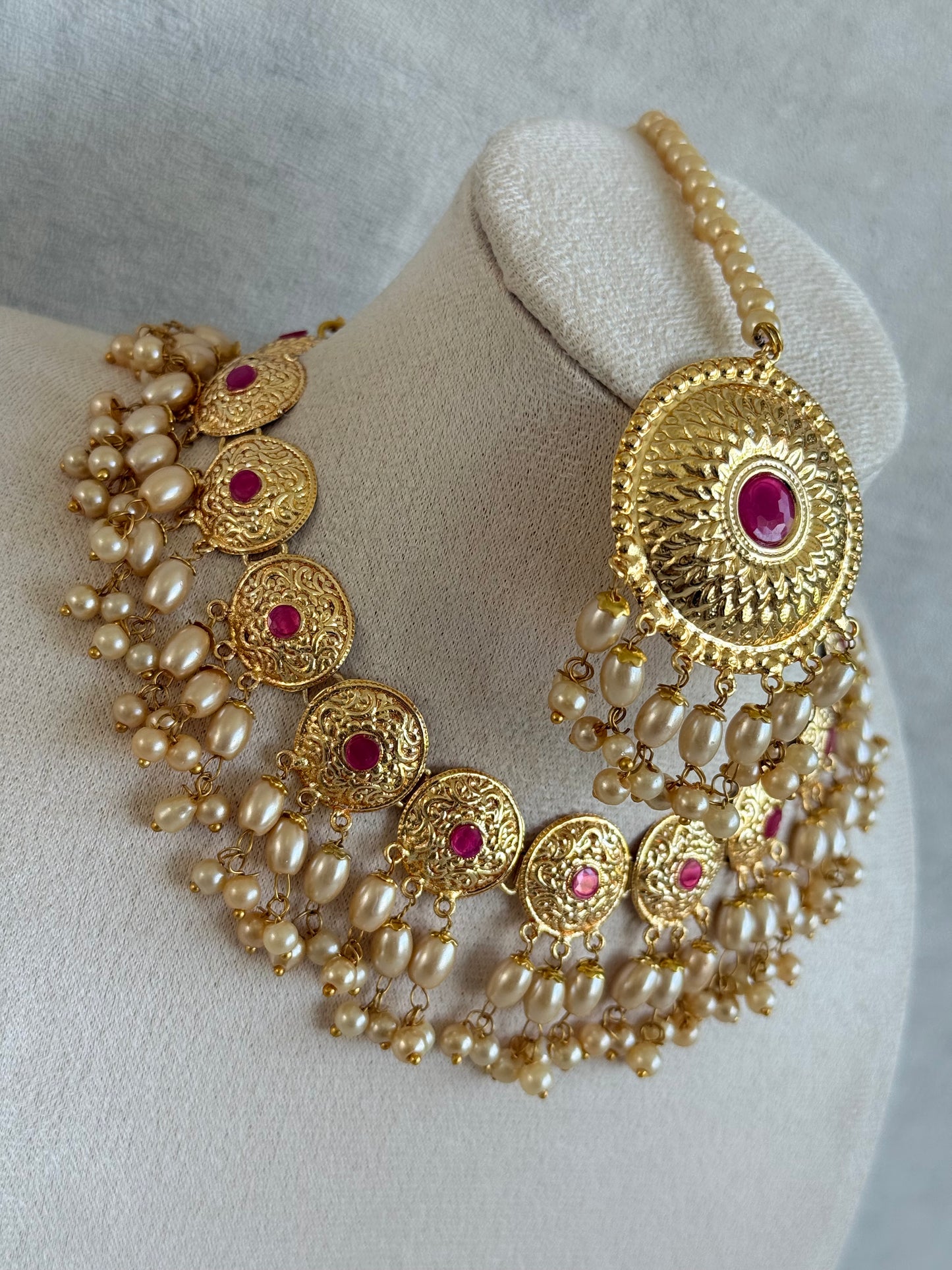 Ayura Designs Jyoti Set with Earrings & Tikka – Gold Disc Necklace with Ruby Pink & Pearl Detailing