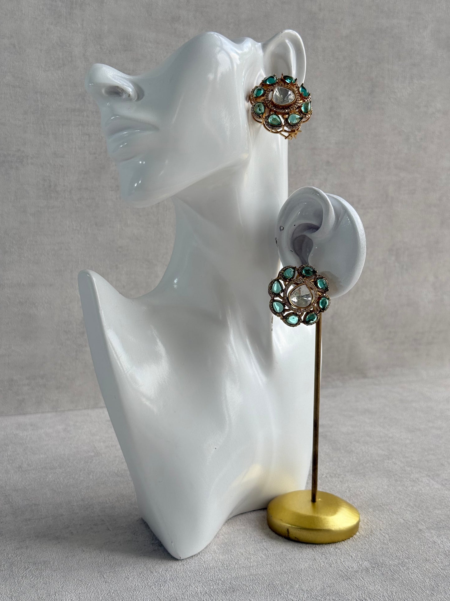 Ayura Designs Giana Stud Earrings – Aqua Green & Crystal Kundan with Gold Finish