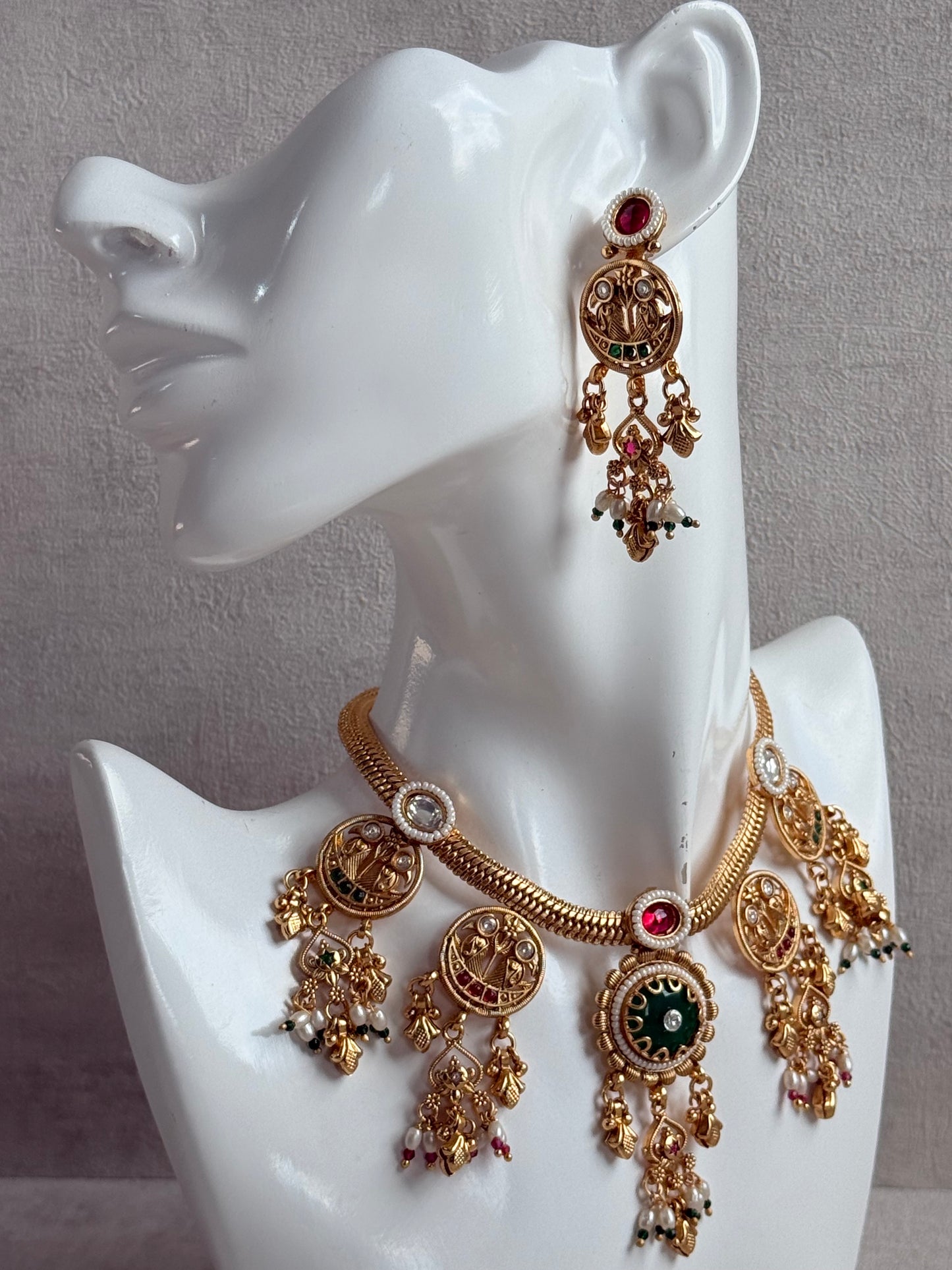 Ayura Designs Parchhai Necklace Set with Earrings – Ruby Red, Rose Pink & Emerald Green Stones, Bird Motifs & Pearl Detailing