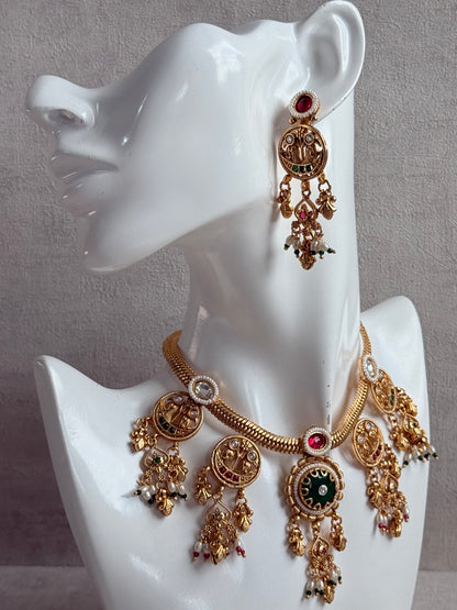 Ayura Designs Parchhai Necklace Set with Earrings – Ruby Red, Rose Pink & Emerald Green Stones, Bird Motifs & Pearl Detailing