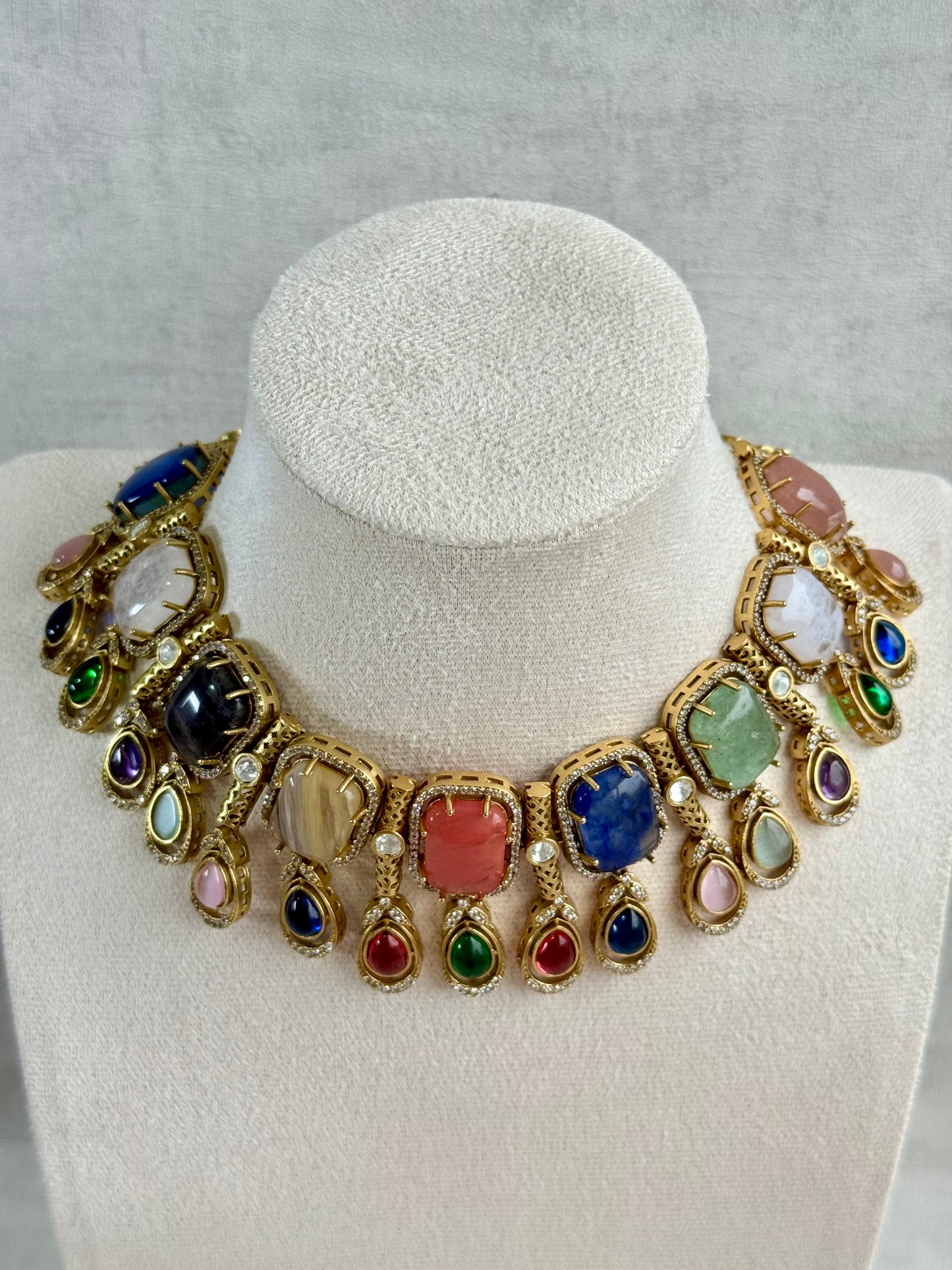 Ayura Designs Adelaide Necklace Set with Earrings – Multicolour Moissanite with Peach Stone Drop Earrings