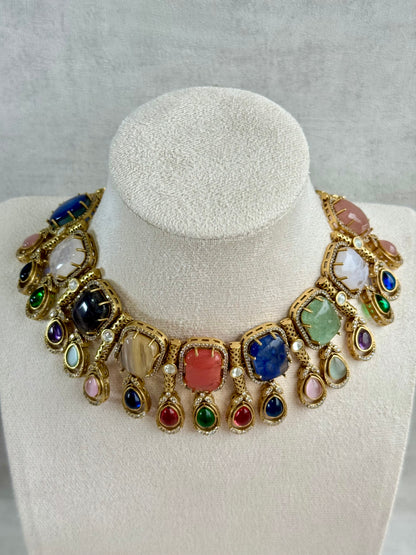 Ayura Designs Adelaide Necklace Set with Earrings – Multicolour Moissanite with Peach Stone Drop Earrings