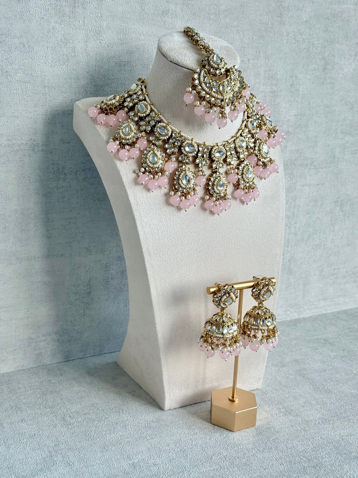 Ayura Designs Iyla Set with Necklace, Earrings & Tikka – Kundan Detailing, Ivory Pearl Drops & Blush Pink Beads