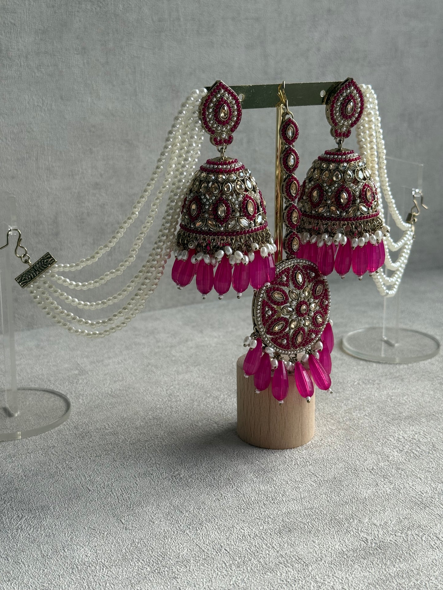Ayura Designs Amrita Set – Jhumkis with Sahare & Tikka in Hot Pink Beads, Pearls and Antique Gold Finish