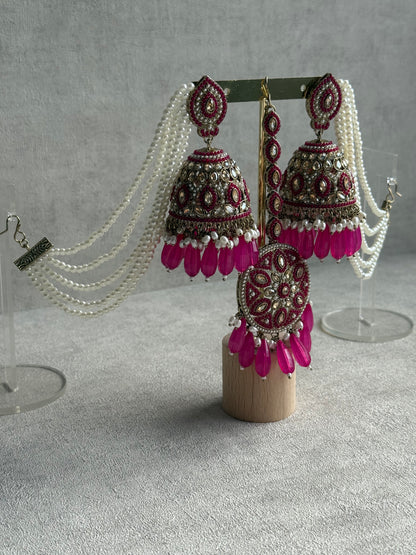 Ayura Designs Amrita Set – Jhumkis with Sahare & Tikka in Hot Pink Beads, Pearls and Antique Gold Finish