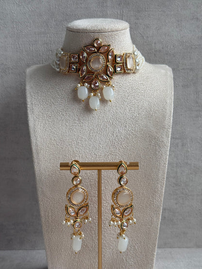 Ayura Designs Raaz Set – Choker & Earrings with Kundan Stones, Green Enamel Detailing & White Beads