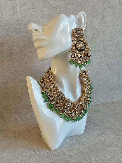 Ayura Designs Ishrat Set with Necklace, Earrings & Tikka – Kundan Detailing, Pearl Drops & Sage Green Beads